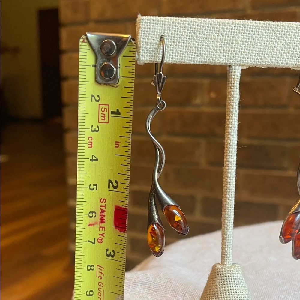 Handmade Sterling Silver and Baltic Amber organic floral hook back drop earrings - Picture 11 of 11